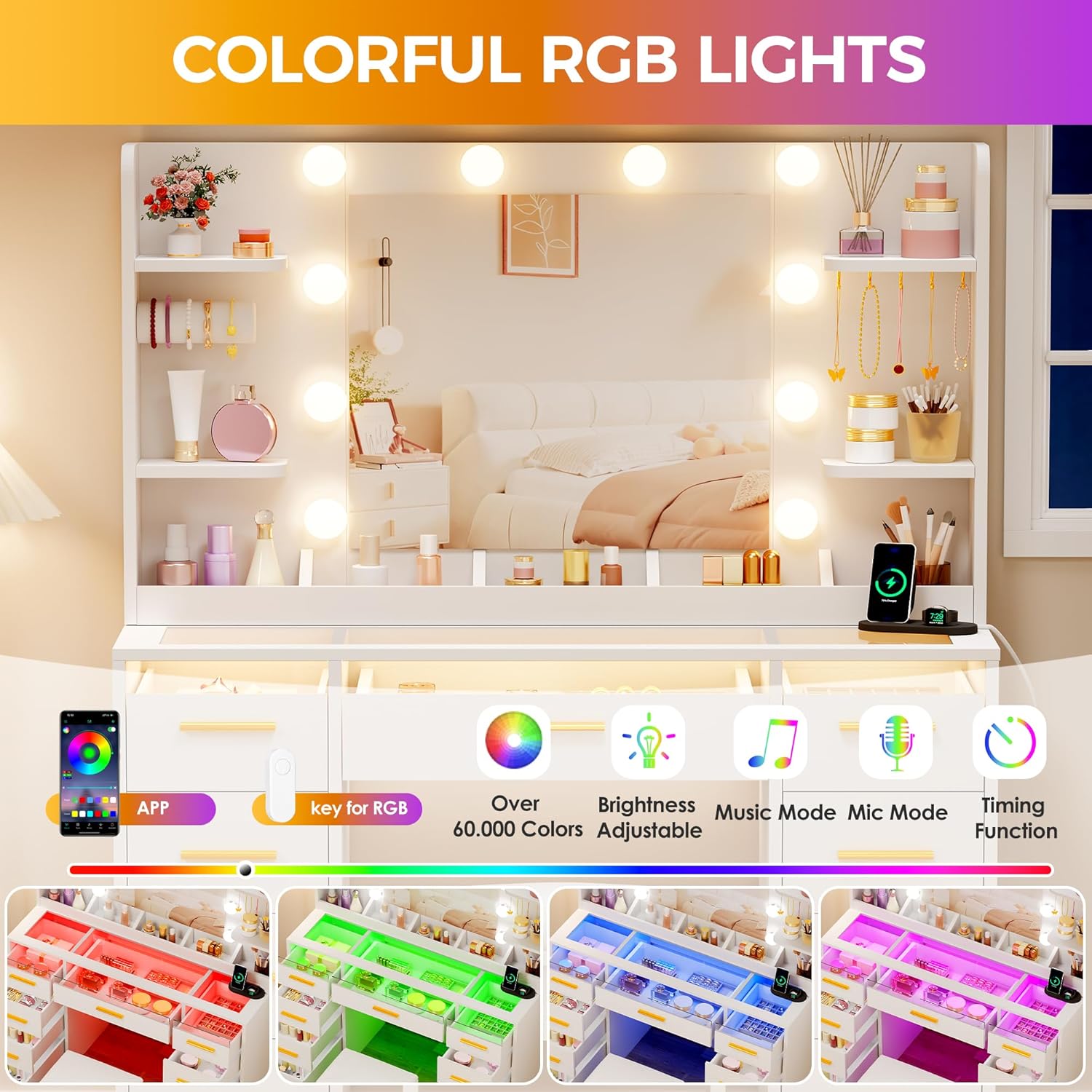 Vanity Desk with Mirror and Lights 3 Colors Large Makeup - Canva Home