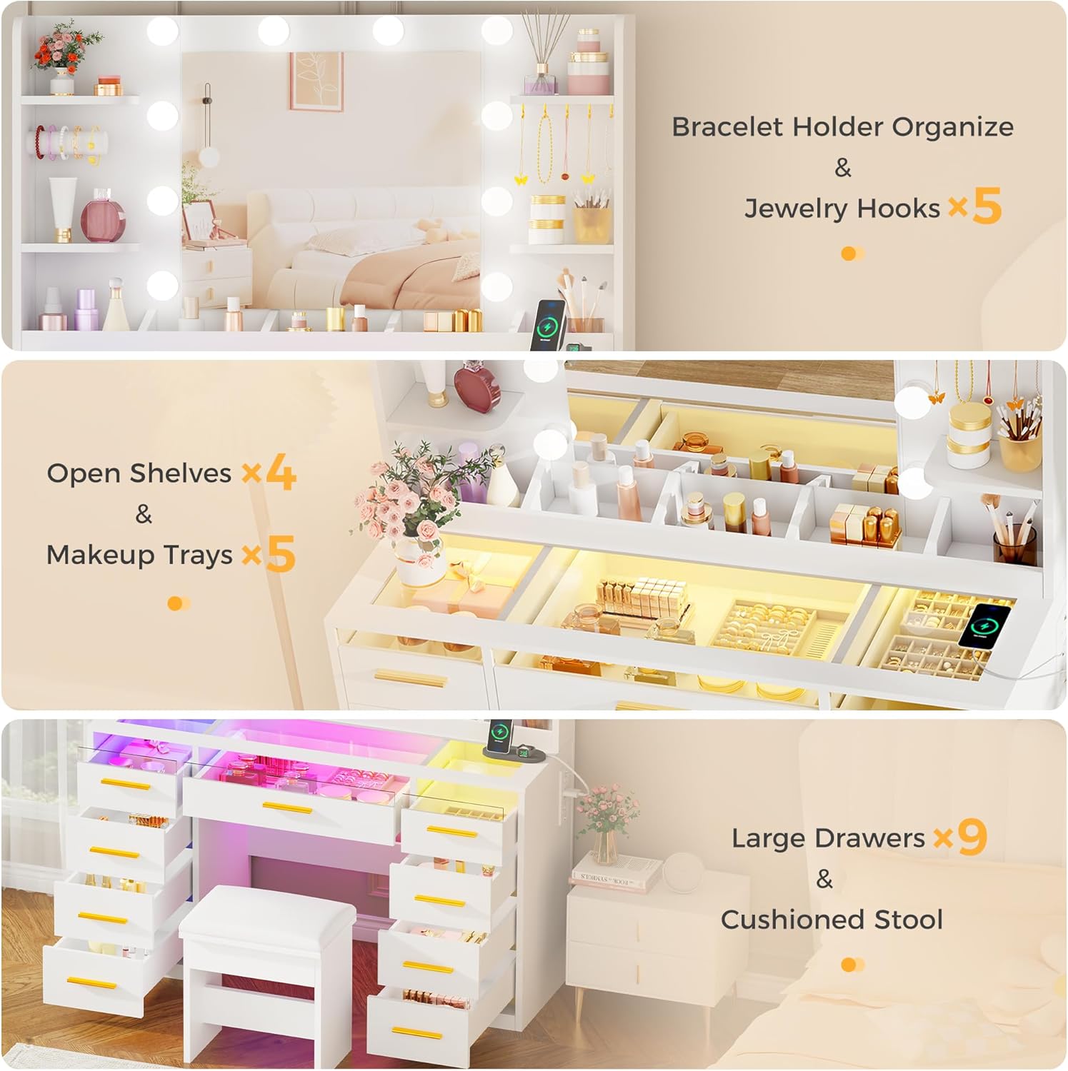 Vanity Desk with Mirror and Lights 3 Colors Large Makeup - Canva Home