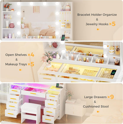 Vanity Desk with Mirror and Lights 3 Colors Large Makeup - Canva Home