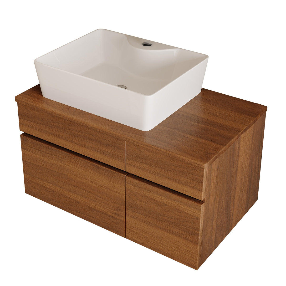 Walnut floating bathroom vanity with white ceramic vessel sink