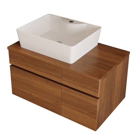 Walnut floating bathroom vanity with white ceramic vessel sink