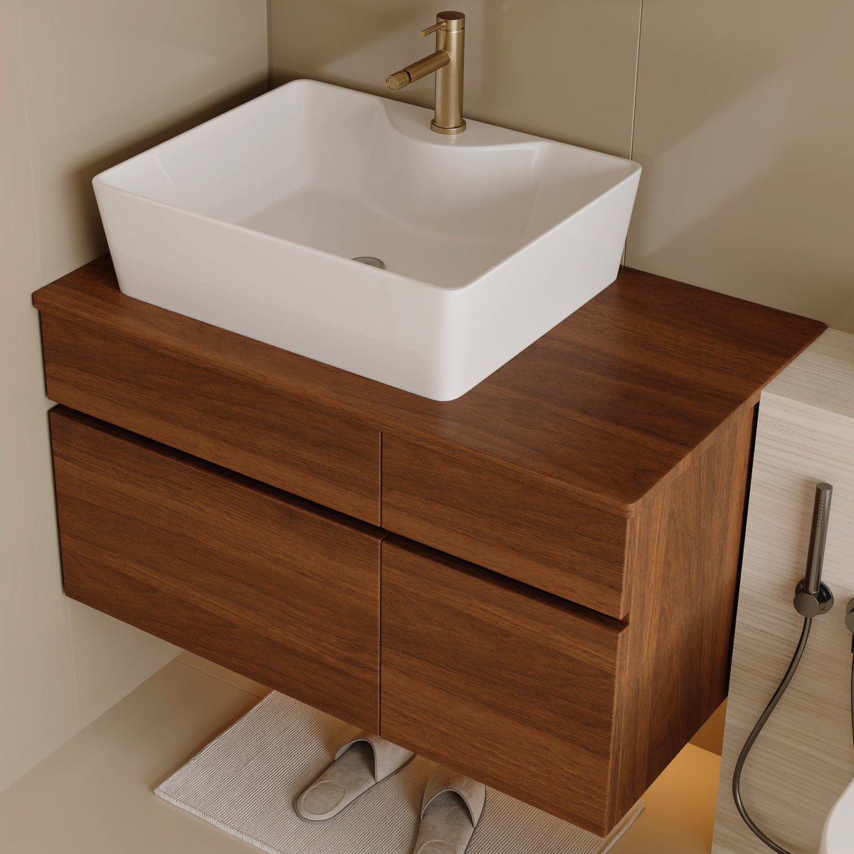 Walnut floating bathroom vanity with white ceramic vessel sink