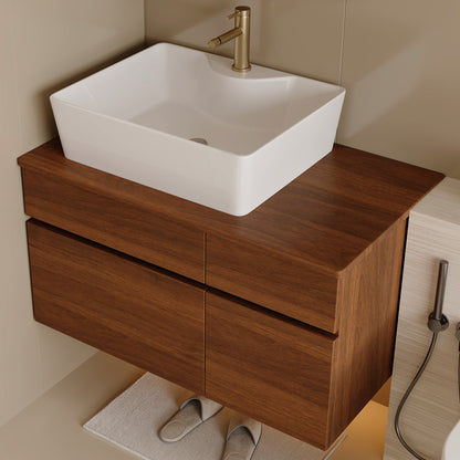 Walnut floating bathroom vanity with white ceramic vessel sink