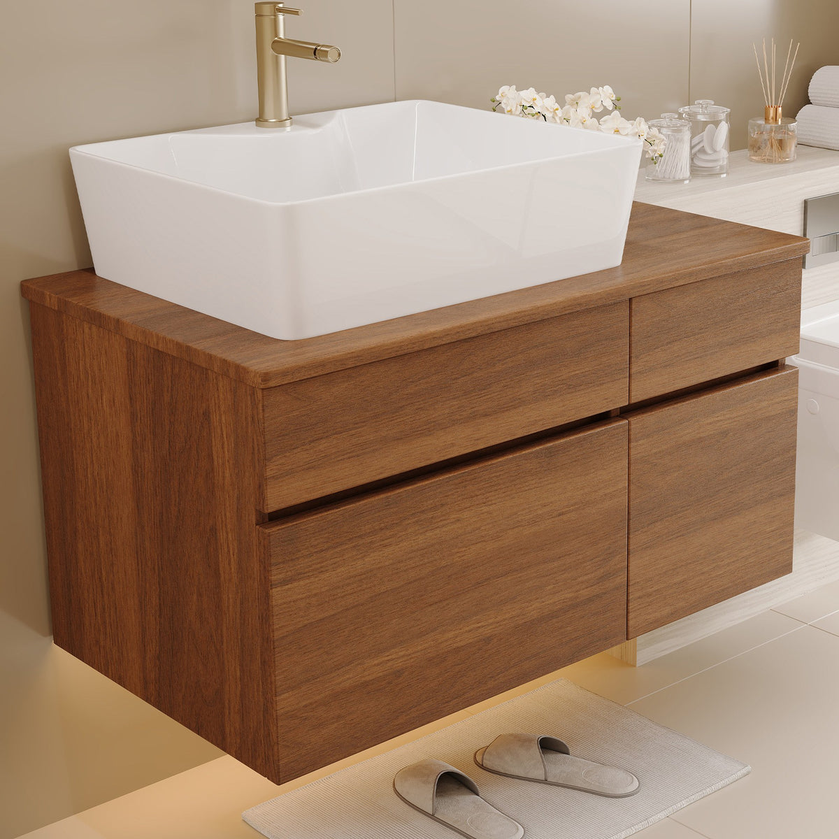 Walnut floating bathroom vanity with white ceramic vessel sink