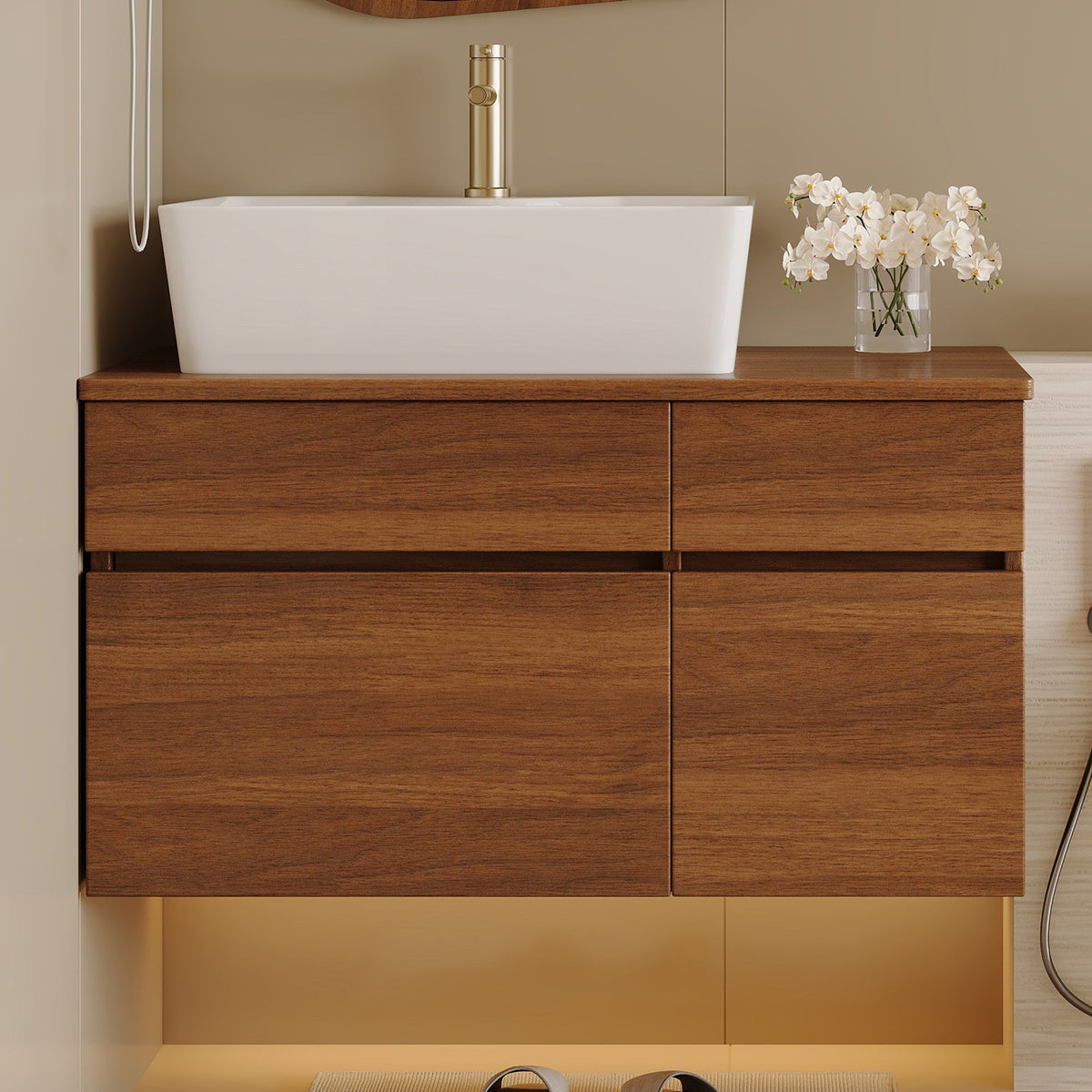 Walnut floating bathroom vanity with white ceramic vessel sink