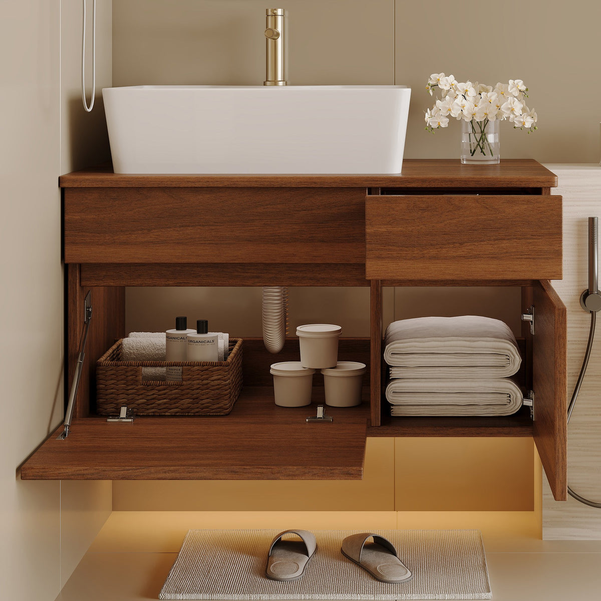Walnut floating bathroom vanity with white ceramic vessel sink