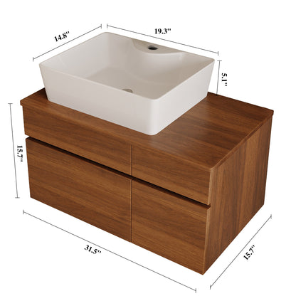 Walnut floating bathroom vanity with white ceramic vessel sink