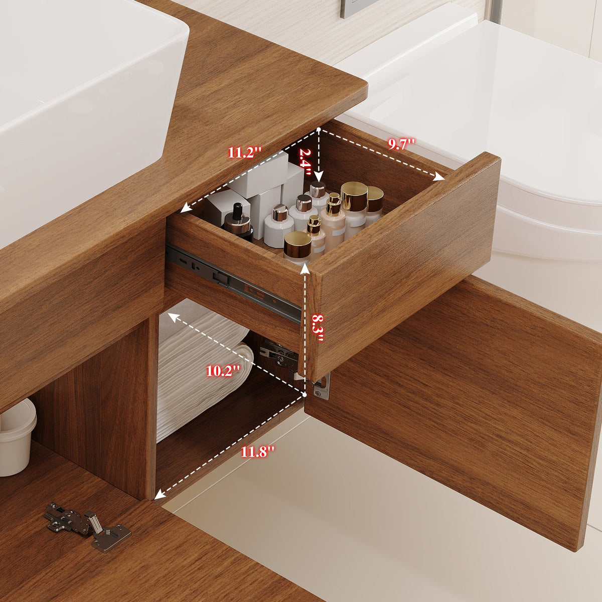Walnut floating bathroom vanity with white ceramic vessel sink