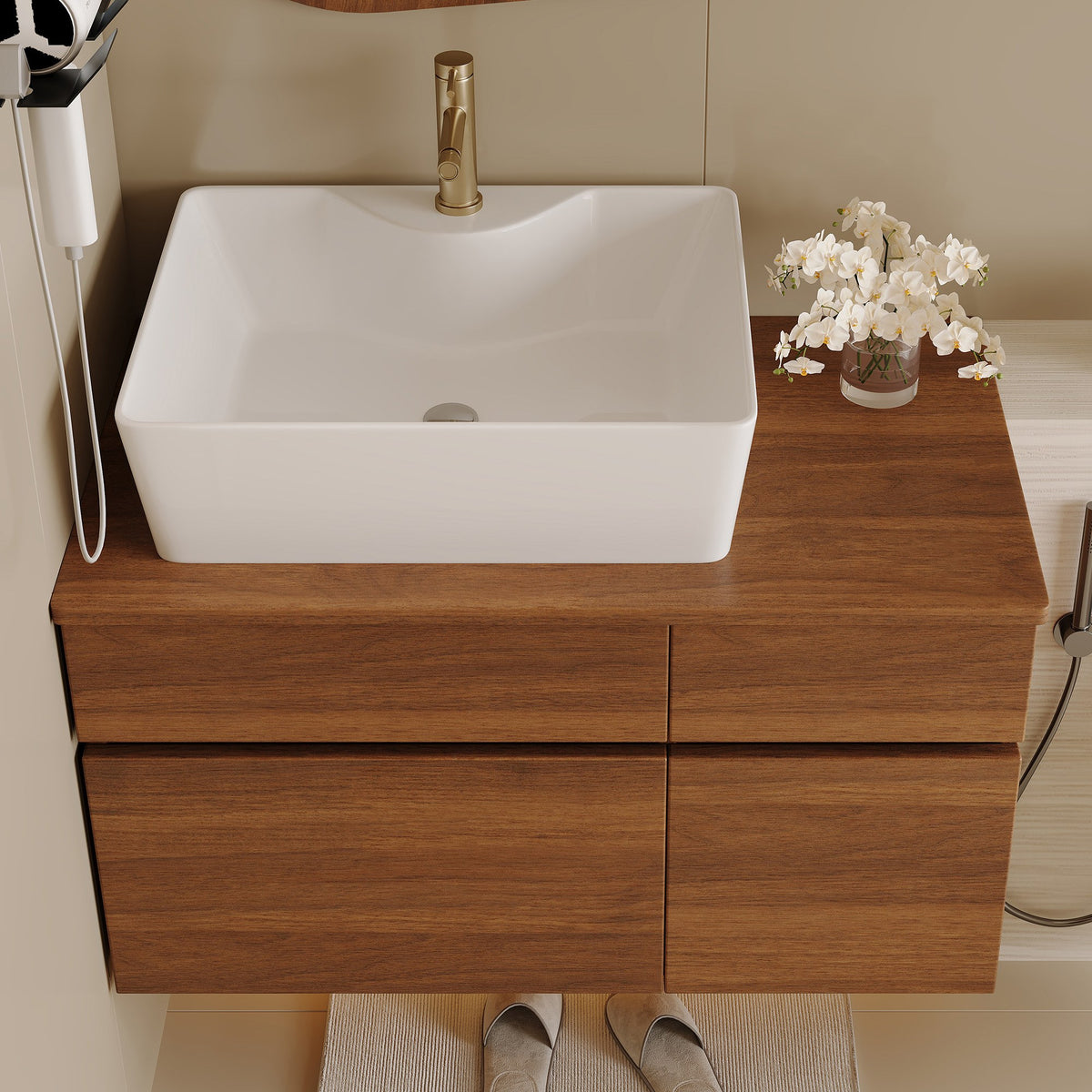 Walnut floating bathroom vanity with white ceramic vessel sink