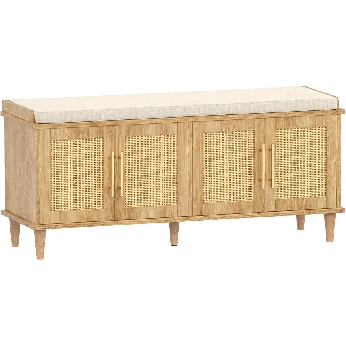 Solene 47" Rattan Shoe Storage Bench with 4 Doors & Cushion, Natural Oak