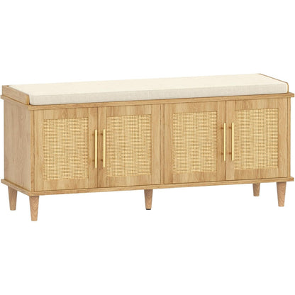 Solene 47" Rattan Shoe Storage Bench with 4 Doors & Cushion, Natural Oak