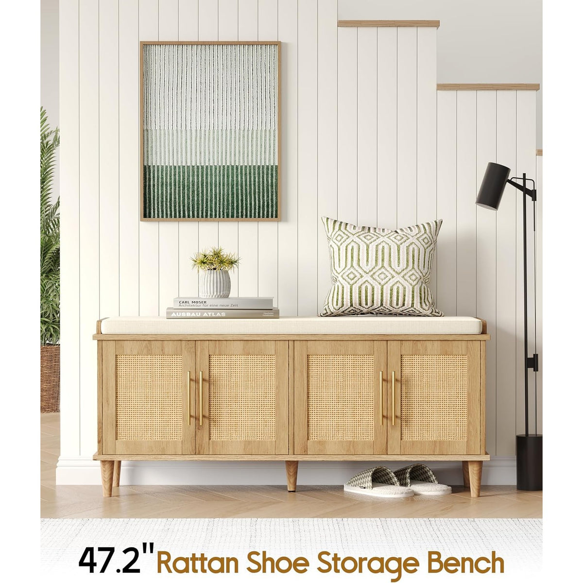 Solene 47" Rattan Shoe Storage Bench with 4 Doors & Cushion, Natural Oak