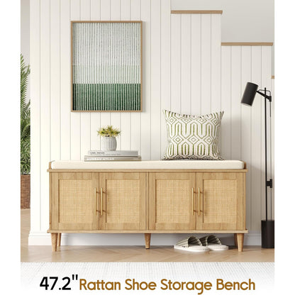 Solene 47" Rattan Shoe Storage Bench with 4 Doors & Cushion, Natural Oak