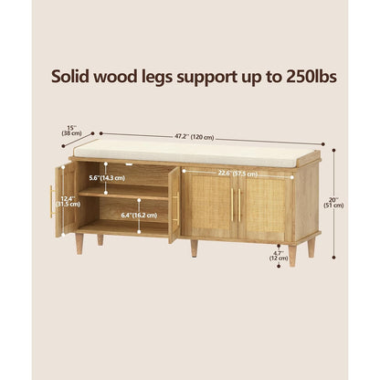 Solene 47" Rattan Shoe Storage Bench with 4 Doors & Cushion, Natural Oak