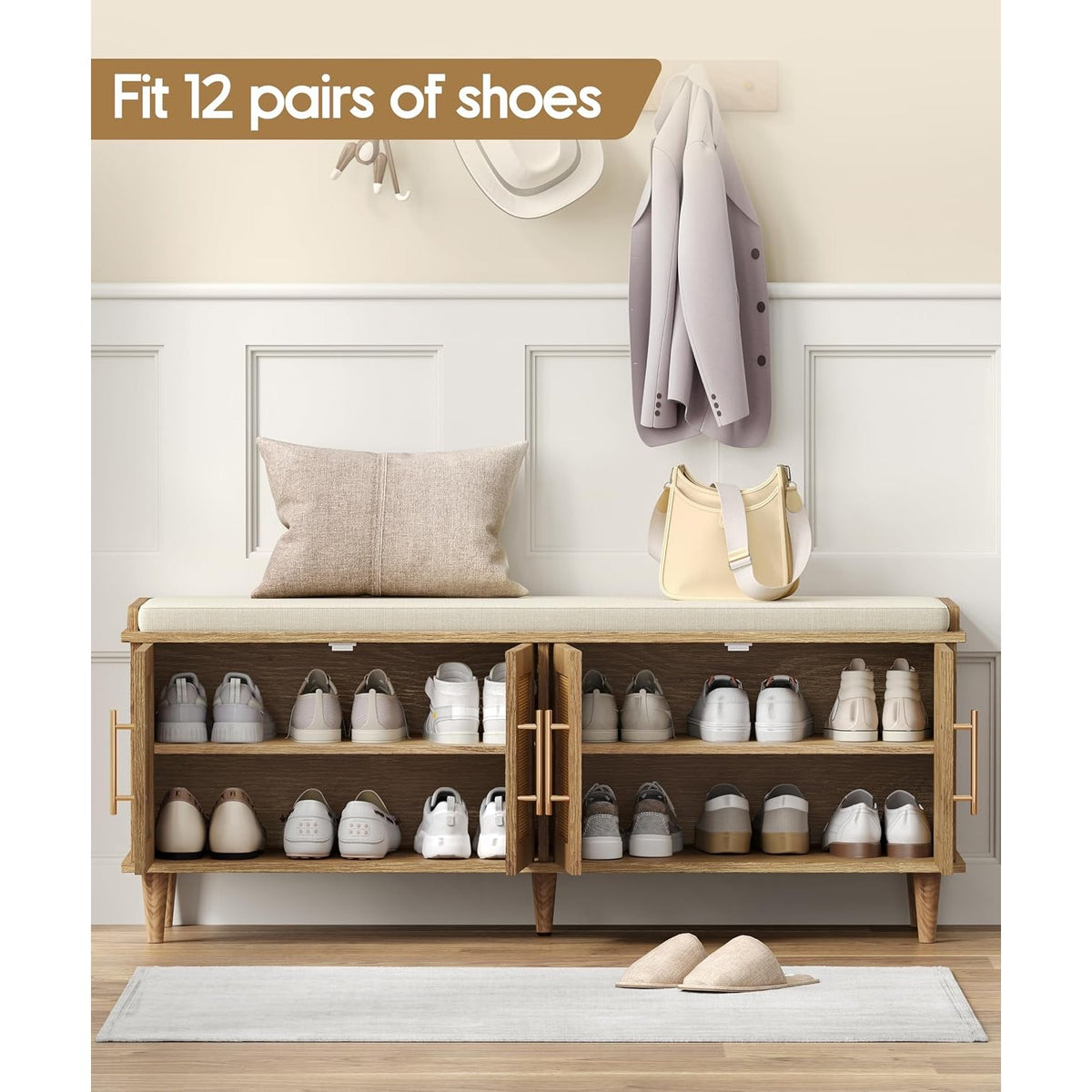 Solene 47" Rattan Shoe Storage Bench with 4 Doors & Cushion, Natural Oak