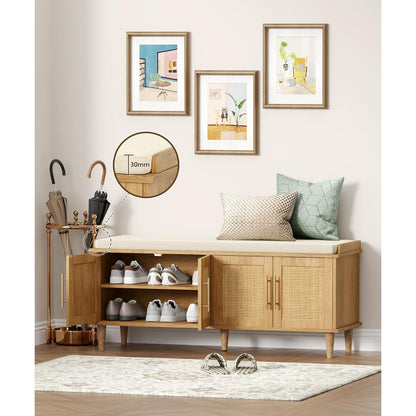 Solene 47" Rattan Shoe Storage Bench with 4 Doors & Cushion, Natural Oak