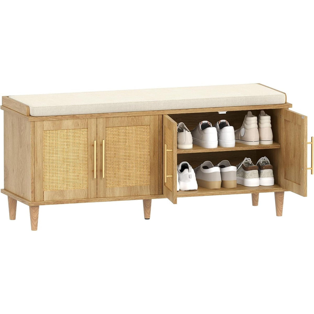 Solene 47" Rattan Shoe Storage Bench with 4 Doors & Cushion, Natural Oak
