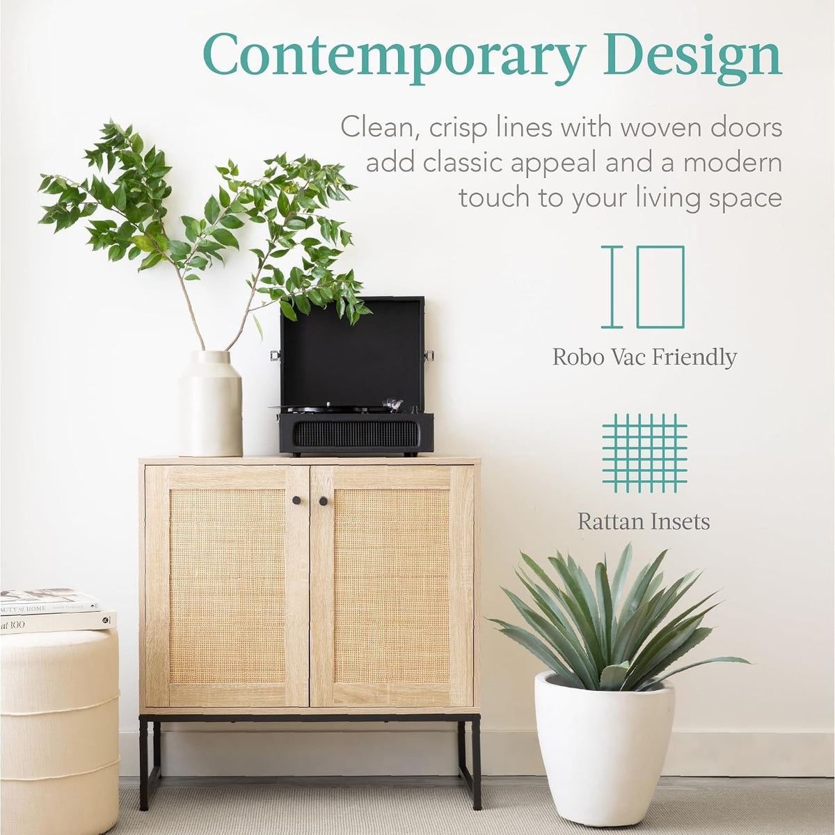 Tamsin 2-Door Rattan Accent Storage Cabinet with Metal Base, Natural
