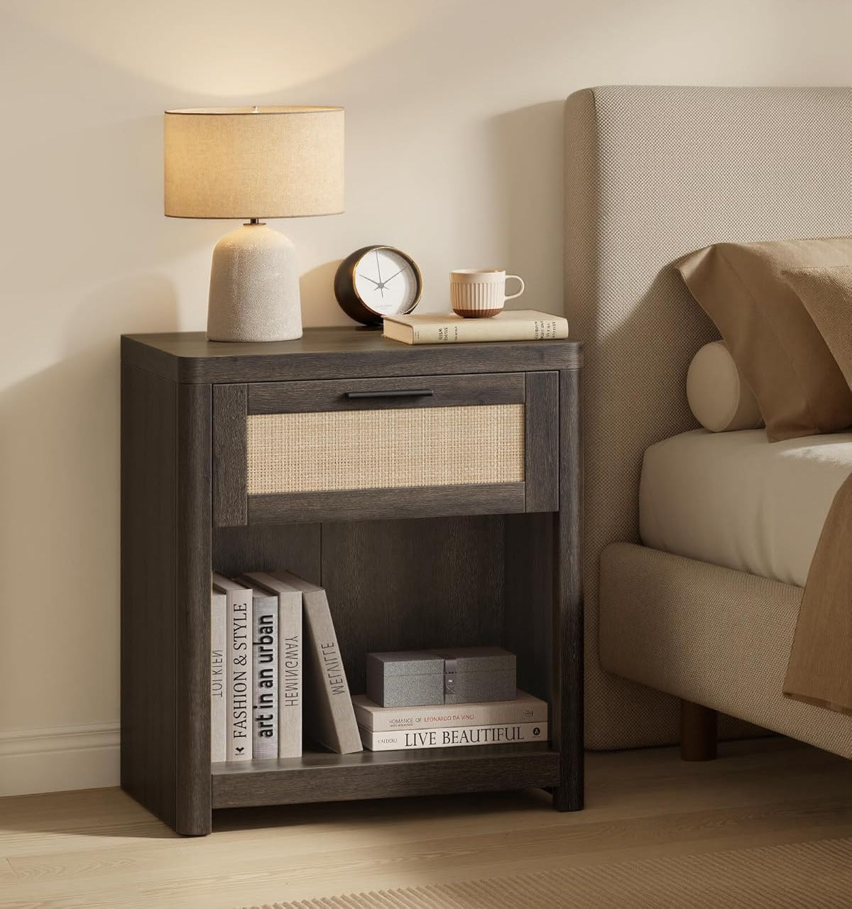Taupe Brown Boho Nightstand with Rattan-Look Drawer beside a bed - Canva Home