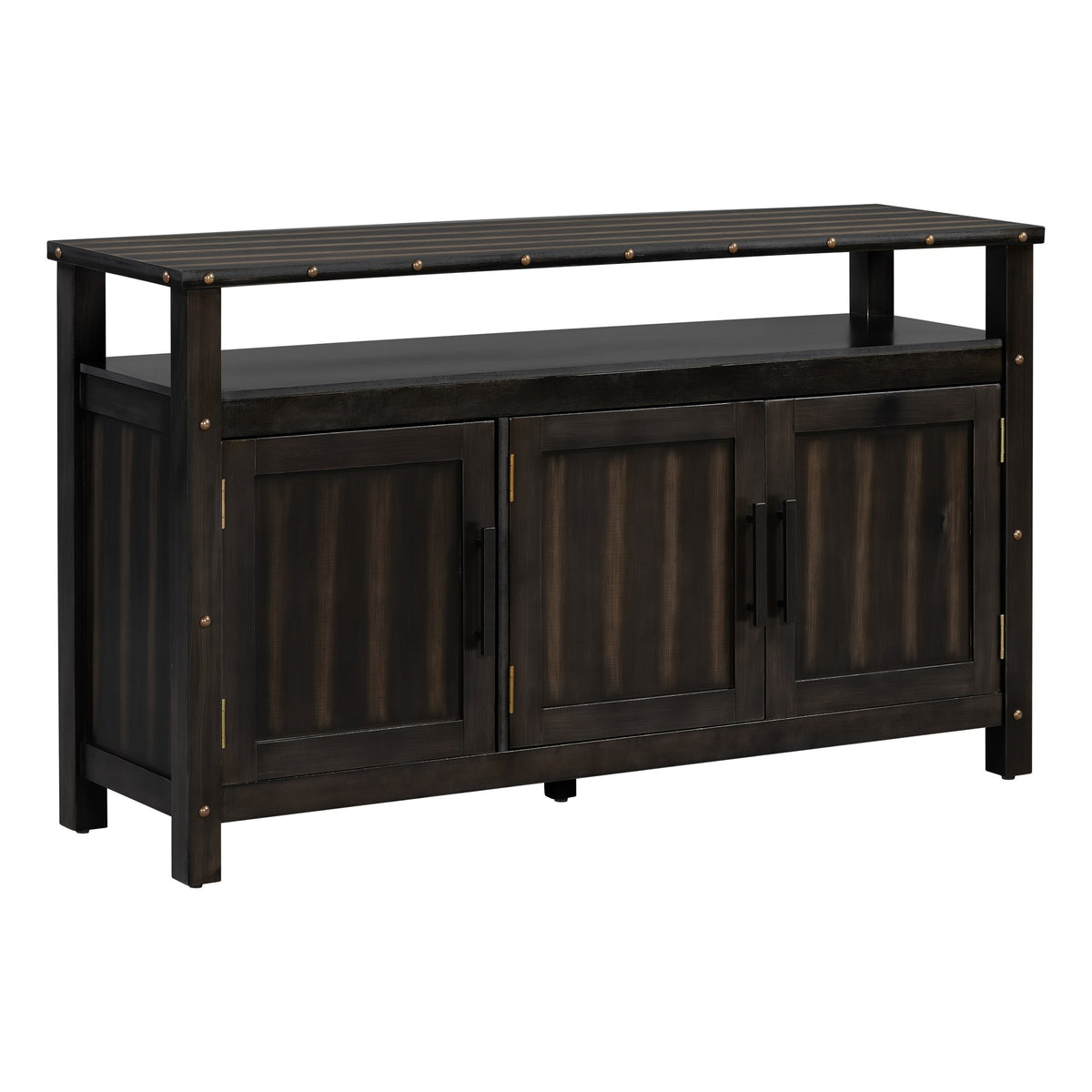 Black pine wood buffet cabinet with 3 slatted doors