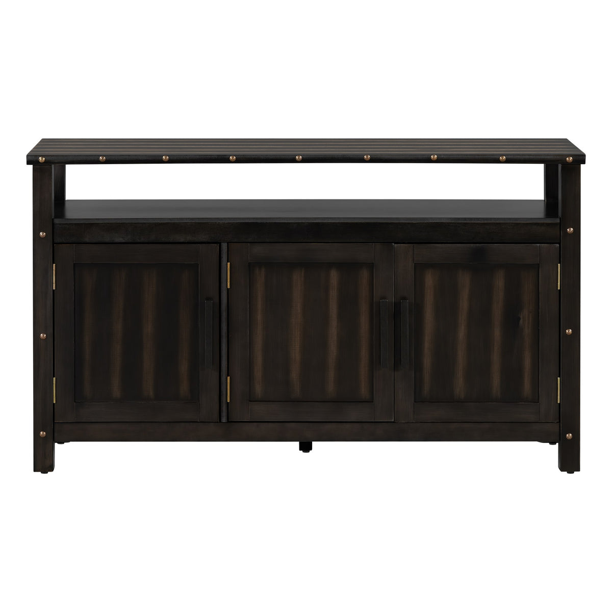 Black pine wood buffet cabinet with 3 slatted doors