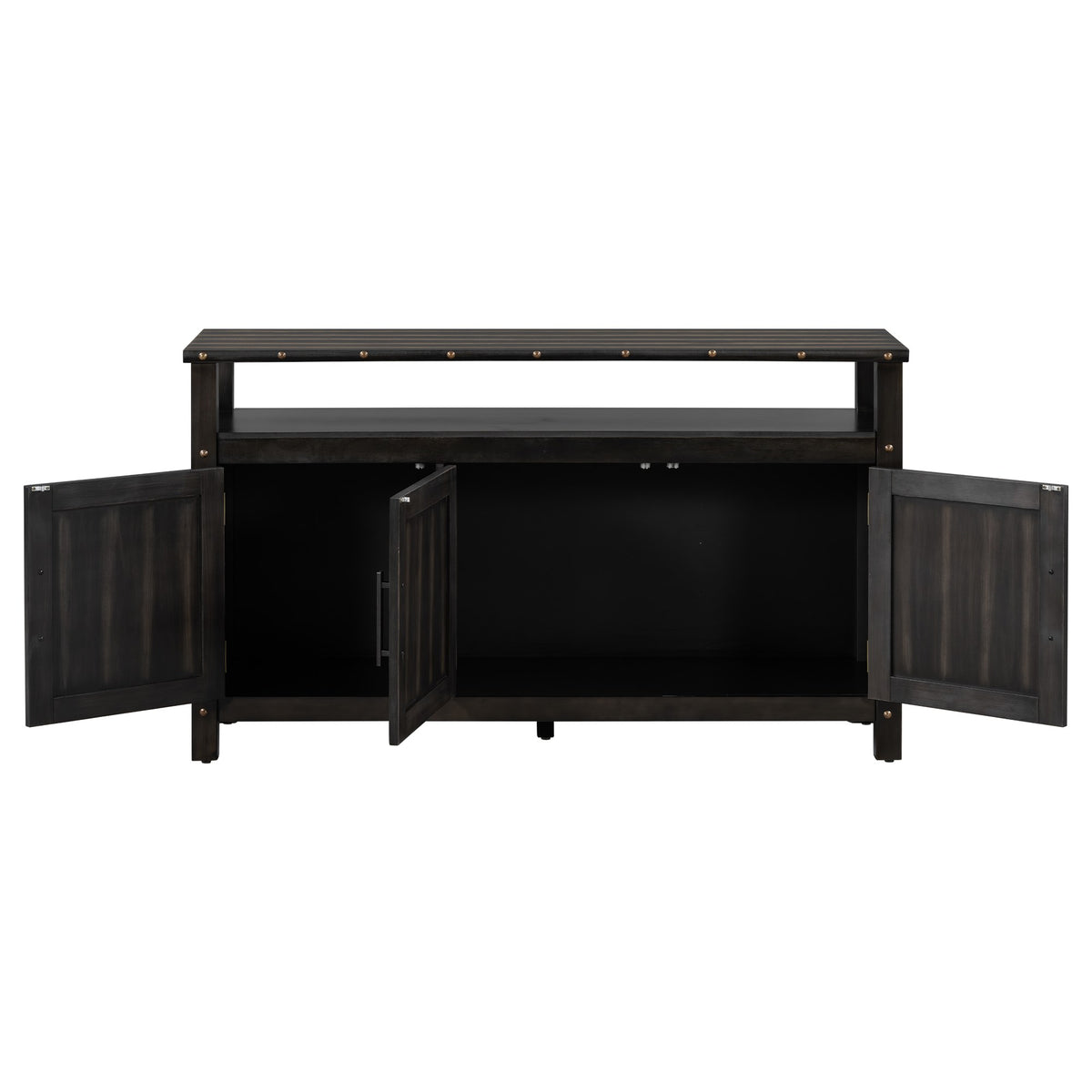 Black pine wood buffet cabinet with 3 slatted doors