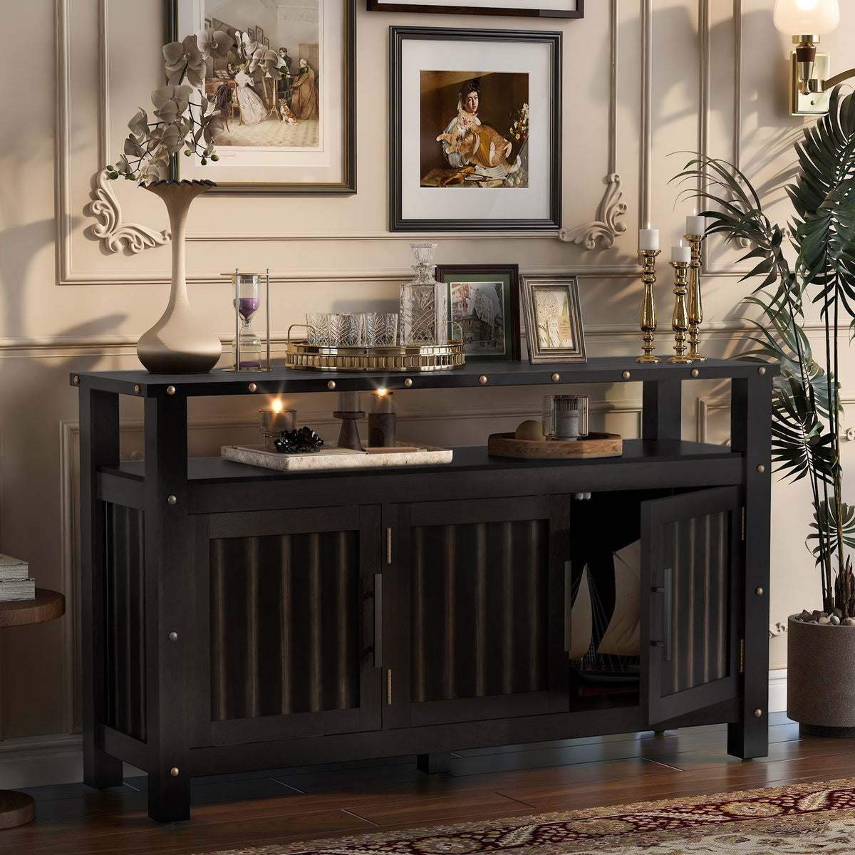 Black pine wood buffet cabinet with 3 slatted doors