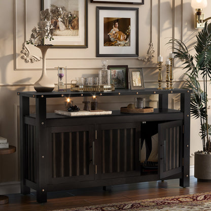 Black pine wood buffet cabinet with 3 slatted doors