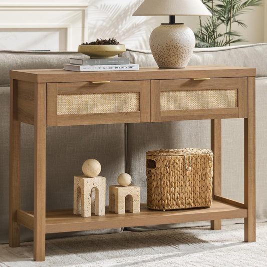 Wynne 39" Rattan Console Table with 2 Drawers & Open Shelf, Caramel Oak