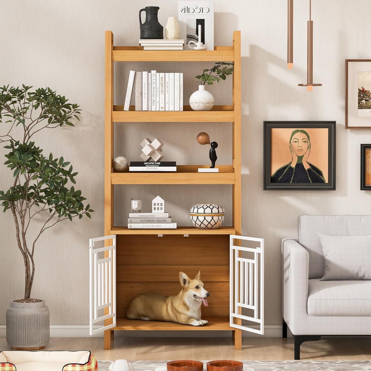 Modern 2 IN 1 Dog Furniture Dog Crate Ladder Bookshelf - Canva Home