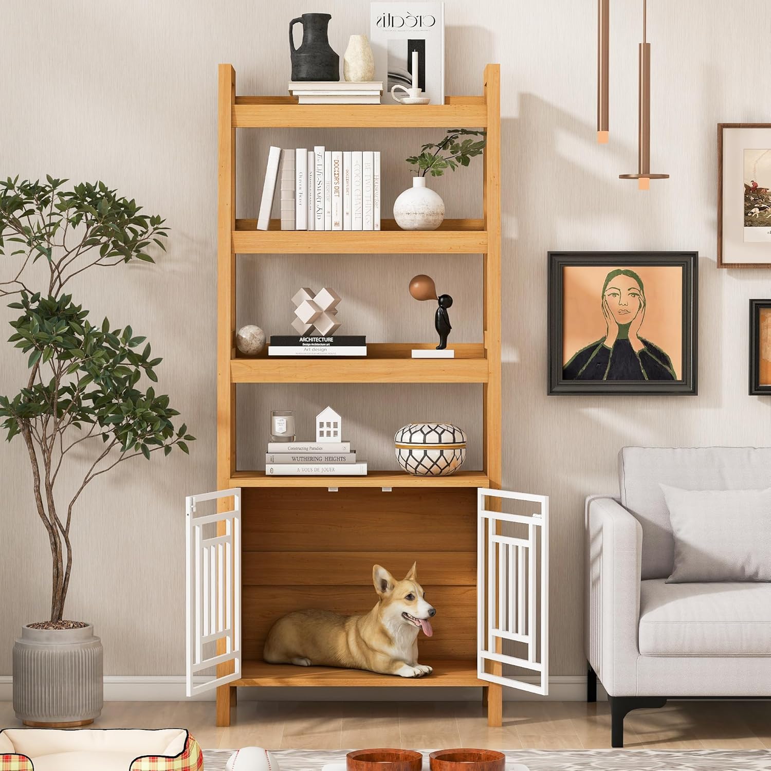 Modern 2 IN 1 Dog Furniture Dog Crate Ladder Bookshelf - Canva Home